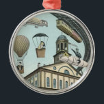Ornamento De Metal Vintage Science Fiction, Victorian Steam Punk City<br><div class="desc">Imagem de viagem de ilustração venenosa e de transporte de ficção científica futurista apresentando pessoas viajando por dirigíveis,  balões de ar quente,  um trem invertido e um antigo automóvel convertível em uma metrópole vitoriana,  punk a vapor,  retrógrada à metrópole urbana.</div>