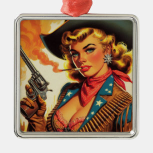 Ornamento De Metal Vintage Western Cowgirl Pin Up