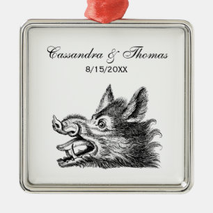 Ornamento De Metal Vintage Wild Boar Head Desenho BW