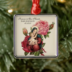 Ornamento De Metal Virgem Abençoada Maria com Rosas de Bebê Jesus V