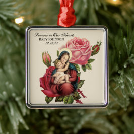 Ornamento De Metal Virgem Abençoada Maria com Rosas de Bebê Jesus Vin