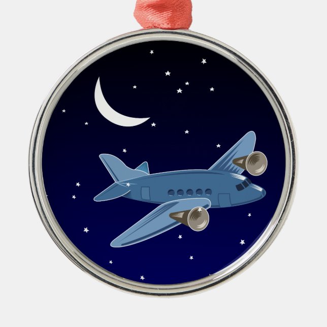 Ornamento De Metal Vôo do avião na noite com lua & estrelas. Piloto (Frente)