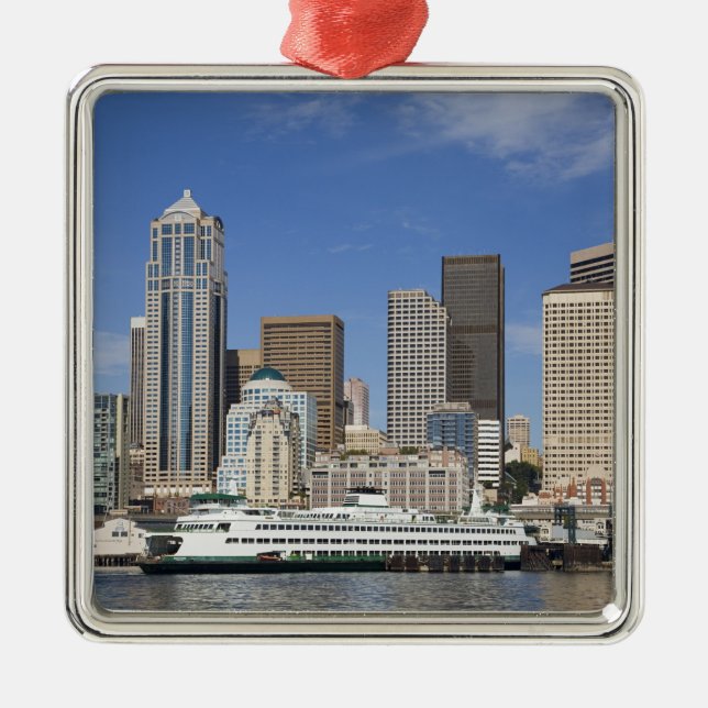 Ornamento De Metal WA, Seattle, Seattle Skyline com barco de ferry (Frente)