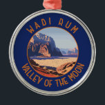 Ornamento De Metal Wadi Rum Jordan Círculo Retrovisso<br><div class="desc">Wadi Rum retro vetor viagem design. Também conhecido como Vale da Lua,  Wadi Rum é uma paisagem desértica esticada no horizonte,  o terreno vermelho,  arenoso pontuado por fantásticas formações rochosas.</div>