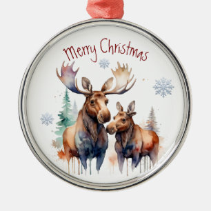 Ornamento De Metal Watercolor Casal Moose Winter Animal Art