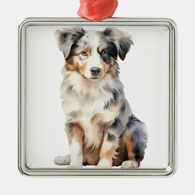 ORNAMENTO DE METAL WATERCOLOR FLUFFY AUSTRALIANO SHEEPDOG (Frente)