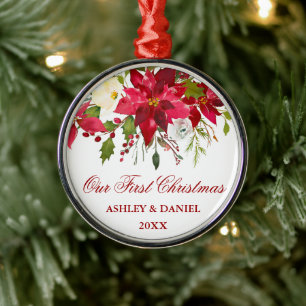 Ornamento De Metal Watercolor Poinsettia Floral Primeira Ronda de Nat
