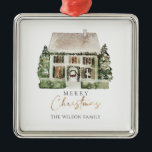 Ornamento De Metal Watercolor Winter Christmas House Ornament<br><div class="desc">Vinheta redonda clássica com Enfeites de natal de inverno de cor aquosa. Itens correspondentes disponíveis.</div>