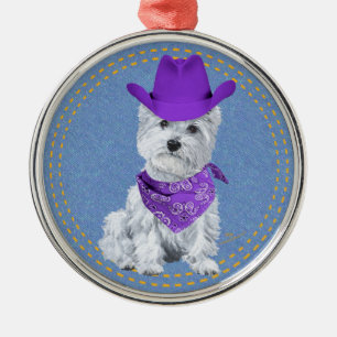 Ornamento De Metal Westie Cowboy em Denim