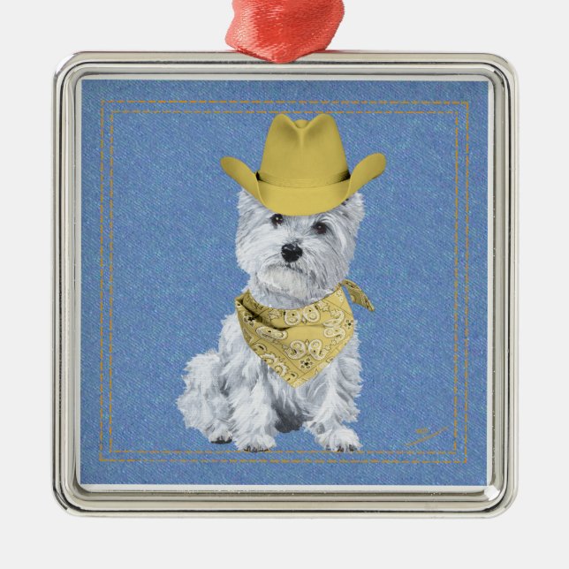 Ornamento De Metal Westie Cowboy em Denim (Frente)