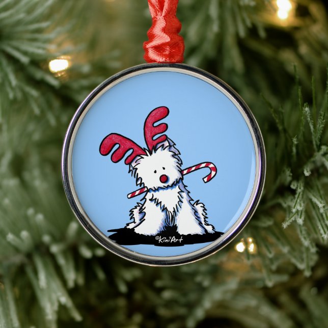 Ornamento De Metal Westie Reindeer Round Ornament (Árvore)