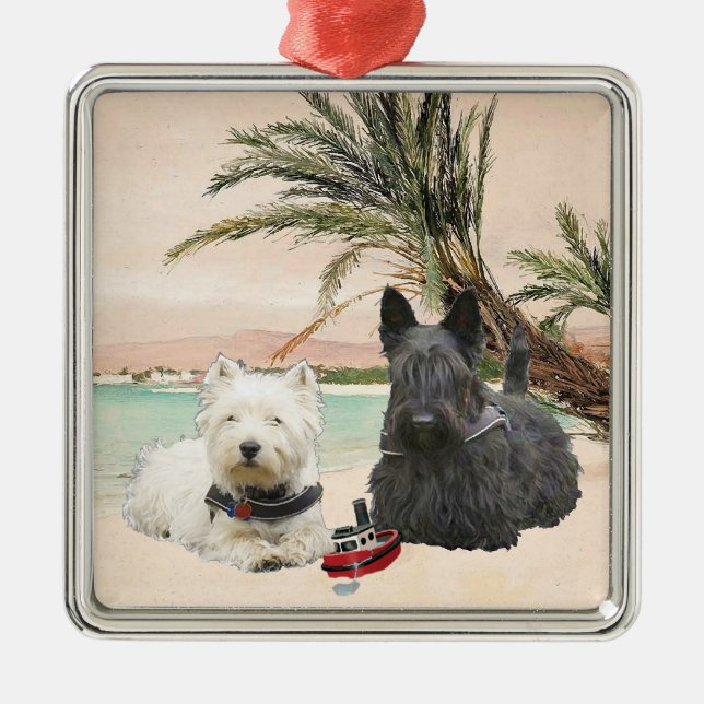 Ornamento De Metal Westie & Scottie em Palmy Beach (Frente)