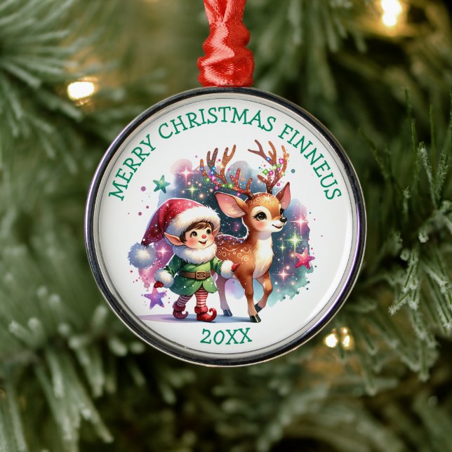 Ornamento De Metal Whimsical Elf e Reindeer Christmas personalizados (Árvore)