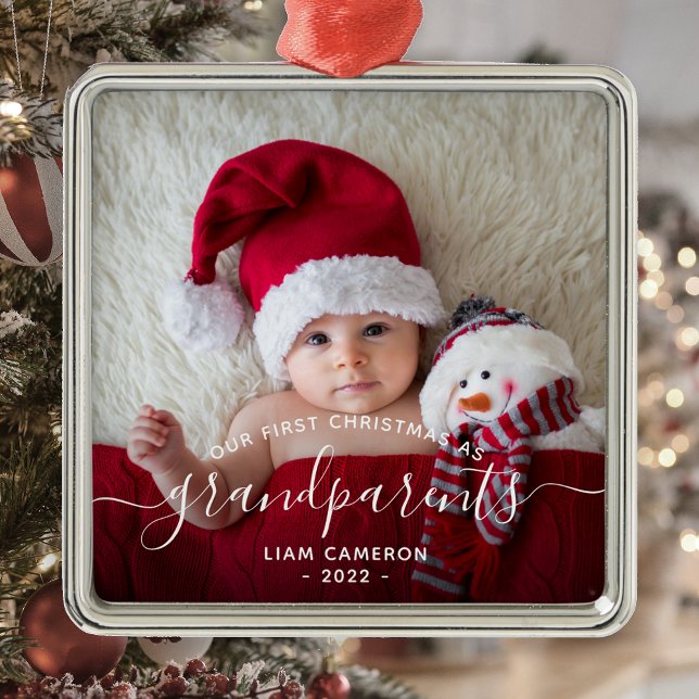 Ornamento De Metal White Script de Foto de Natal dos Avós (Criador carregado)