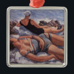 Ornamento De Metal Women Sunbelt on the Beach (por Serebriakova)<br><div class="desc">Esta design apresenta uma pintura da artista russa Zinaida Serebriakova (1884-1967). Ela mostra duas mulheres tomando sol em uma praia rochosa ao lado do mar. A mulher em primeiro plano está vestindo uma fantasia de natação azul-clara, que tem listras vermelhas e brancas correndo verticalmente através dela, e ela está dormindo...</div>