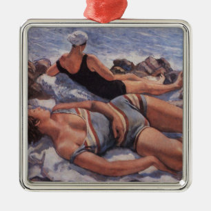 Ornamento De Metal Women Sunbelt on the Beach (por Serebriakova)