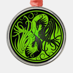 Ornamento De Metal Yin verde e preto Yang Phoenix