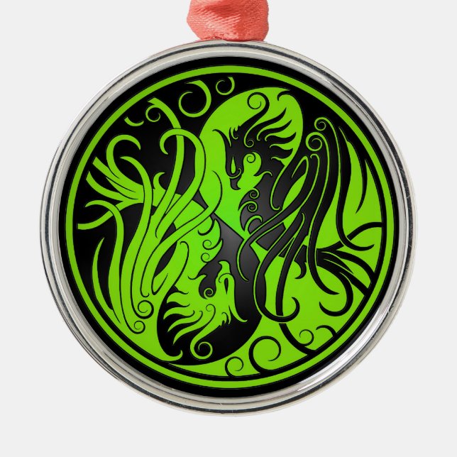 Ornamento De Metal Yin verde e preto Yang Phoenix (Frente)