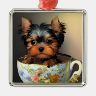 Ornamento De Metal Yorkie Adorável Em Um Teacup