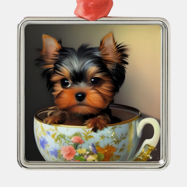 Ornamento De Metal Yorkie Adorável Em Um Teacup (Frente)