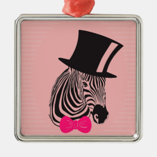 Ornamento De Metal Zebra hipster com o chapéu superior e o Torneio d