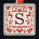 Ornamento de Monograma de Feriado Folclórico Perso<br><div class="desc">A mão desenhou um design de férias de marfim e vermelho personalizado por Shelby Allison que pode ser personalizado com o seu primeiro.</div>