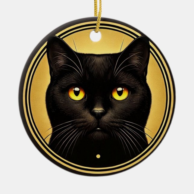 Ornamento de Olhos Amarelos de Gato Negro (Frente)