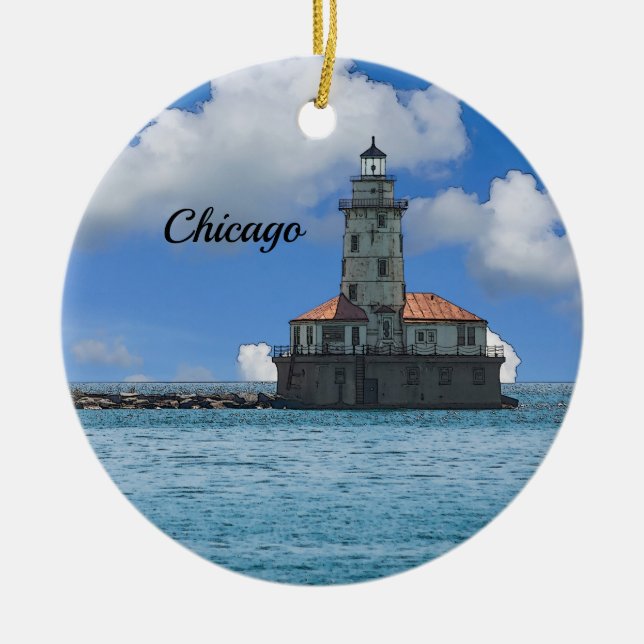 Ornamento de Painterly do Farol de Chicago Harbor (Frente)