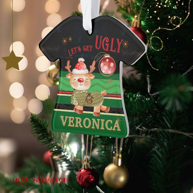Ornamento de Veado no Concurso de Suéter de Natal  (Ugly Christmas Sweater Contest Deer Ornament)