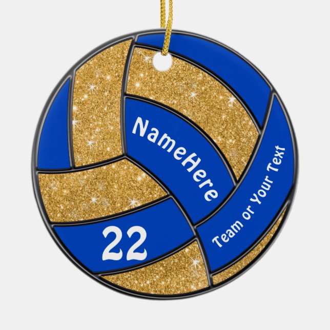 Ornamento de Voleibol Azul e Dourado Personalizado (Frente)