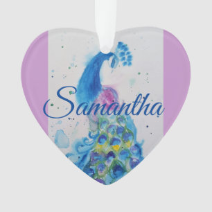 Ornamento Decoração de Natal Meninas Azul Aquarela Pavão