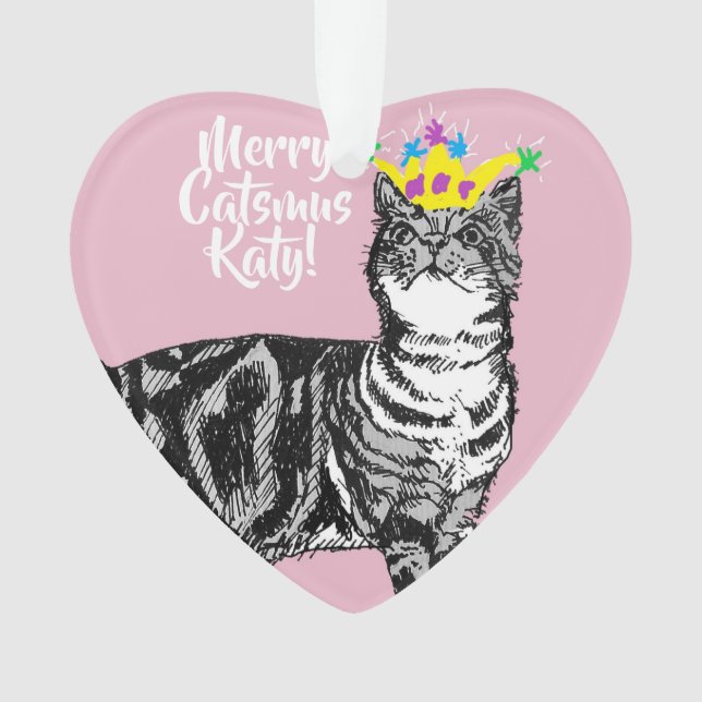 Ornamento Desorte de Natal Rosa-Rosa com Feliz de gato (Frente)