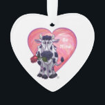 Ornamento Dia de os namorados<br><div class="desc">Parada Animal Uma Vaca Romântica, Amor e Corações Dons e Acessórios do Dia do Namorados criados pela Parada Animal apresenta nossa divertida trabalho de arte de uma vaca branca e negra, segurando uma rosa bonito na boca com corações roxos, vermelhos e cor-de-rosa, pintados por nosso talentoso artista, Traci Van Wagoner....</div>