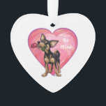 Ornamento Dia de os namorados Chihuahua<br><div class="desc">Parada Animal O romântico Chihuahua Dog Personalizado presentes, cartas e acessórios de coração e amor apresenta nossa divertida trabalho de arte de um Chihuahua negro e bronzeado segurando um rosa bonito na boca com corações roxos, vermelhos e cor-de-rosa por trás pintados digitalmente pelo artista infantil, Traci Van Wagoner. Este doce...</div>