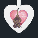 Ornamento Dia de os namorados de Cachorro<br><div class="desc">Parada Animal Romântico Cão Cachorro Cachorro Coração e Amor presentes, cartas, e acessórios trazidos para você pela Imagine isso! Design apresenta nossa trabalho de arte divertida de um cão de caça marrom segurando um rosa bonito na boca com corações roxos, vermelhos e cor-de-rosa atrás pintados digitalmente pelo artista infantil, Traci...</div>