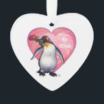 Ornamento Dia de os namorados de pinguim<br><div class="desc">Parada Animal Romântico Presentes e Acessórios para o Dia do Namorados Pinguim e Corações apresenta nossa trabalho de arte divertida de um pinguim bonitinho segurando um rosa bonito na boca com corações roxos, vermelhos e cor-de-rosa em camadas atrás dela criado pelo nosso talentoso artista Traci Van Wagoner. Nosso divertido pinguim...</div>