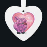 Ornamento Dia de os namorados Porco<br><div class="desc">Parada Animal O Romântico Coração de Porcos e Dons de Amor, cartas, e acessórios trazidos a você pela ITD Animal Parade apresentam nossa divertida trabalho de arte de um porco rosa segurando um rosa bonito na boca com corações roxos, vermelhos e cor-de-rosa atrás pintados digitalmente pelo artista infantil, Traci Van...</div>