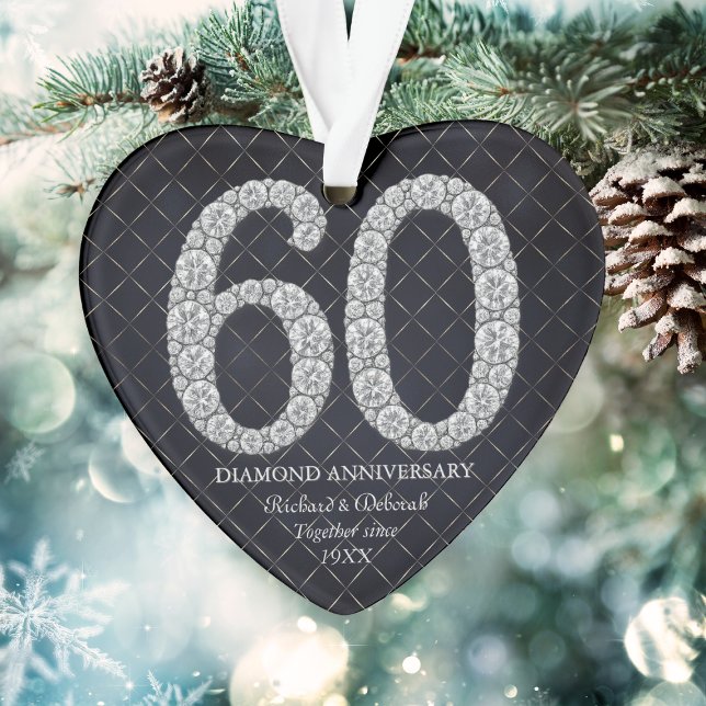 Ornamento Diamond 60º Casamento Aniversário Coração de Natal (Diamond 60th Wedding Anniversary Christmas Heart Ornament
)