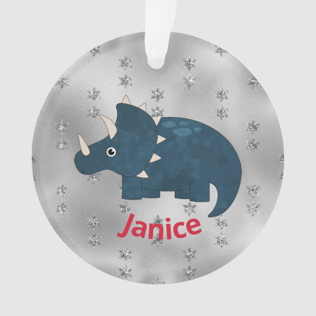 Ornamento Dinossauro Divertido em Azul na Prata (Frente)