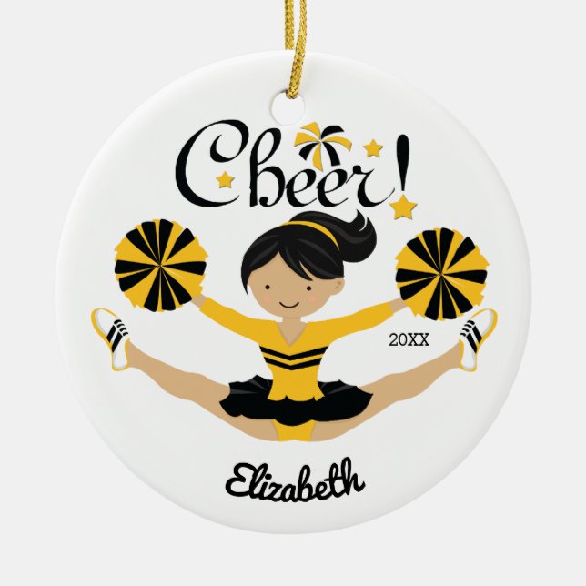 Ornamento do Cheerleader Preto e Dourado Cheer Dar (Frente)