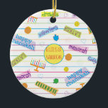 Ornamento do Círculo "Partido Chanukah" de Hanukka<br><div class="desc">Ornamento do Círculo "Partido Chanukah" de Hanukkah. (2 lado) Personalize eliminando o texto no ornamento e substituindo pelo seu. Depois, usando a cor, o tamanho e o estilo da fonte favorita, digite suas próprias palavras. A forma do círculo no centro do ornamento também pode ser alterada ou eliminada. Obrigados para...</div>