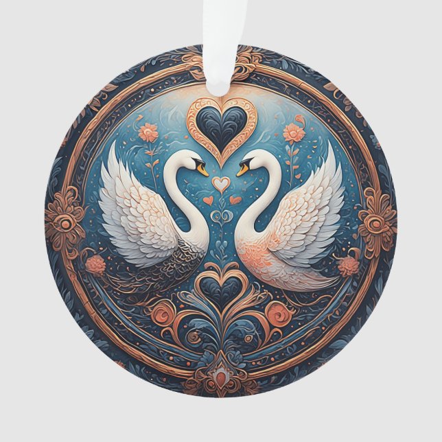 Ornamento Dois Cisnes com Desenho Floral e Ornamental (Frente)