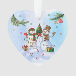 Ornamento Dois Snowmen Whimsical num Dia de Natal Neve