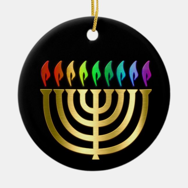 Ornamento Dourado Menorah Rainbow Chama Hanukkah (Frente)