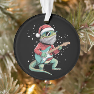 Ornamento Dragão Barbudo de Natal Tocando Guitarra Músico