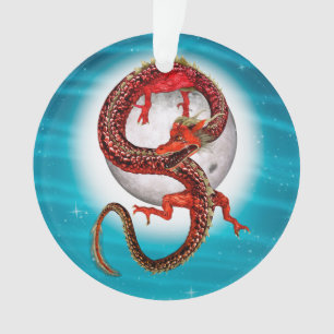 Ornamento Dragão Lua Vermelha Arte de Fantasia Celestial
