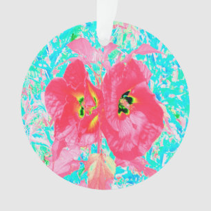 Ornamento Duas Hibiscus Loucas de Coral Rosa Vermelho em Aqu