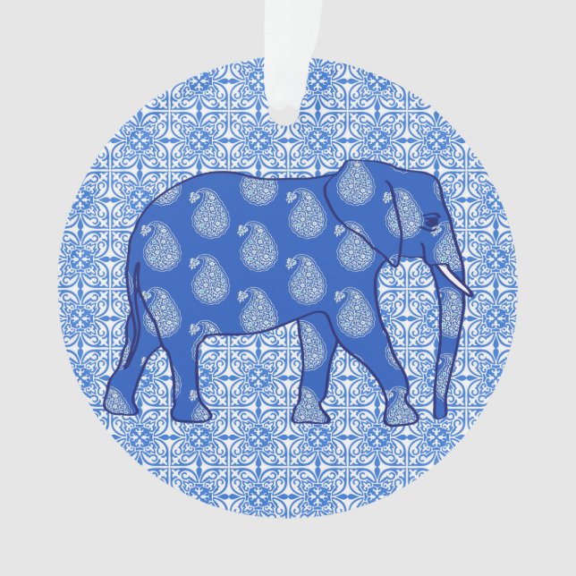 Ornamento Elefante de Paisley - azul de cobalto e branco (Frente)