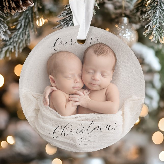 Ornamento Elegant Script Photo Twin Babies First Christmas (Elegant Script Photo Twin Babies First Christmas Ornament
)