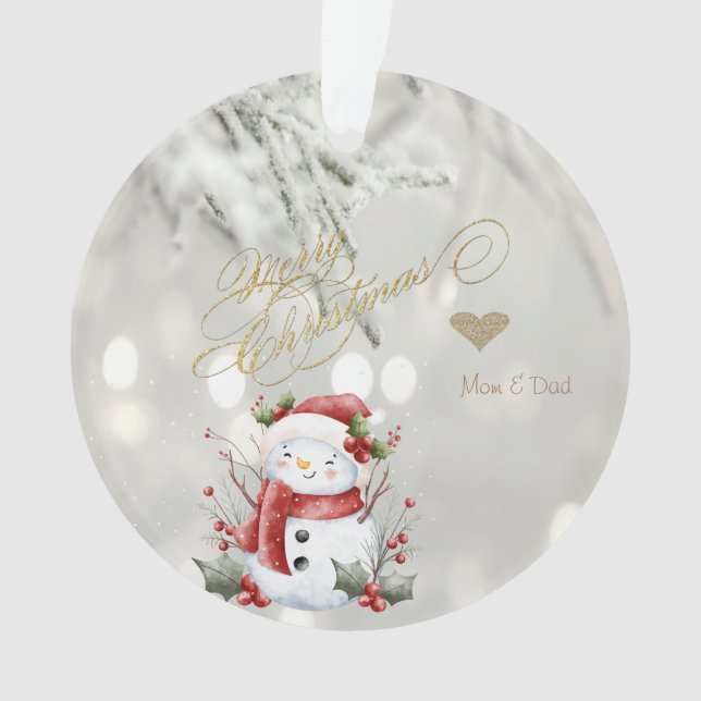 Ornamento Elegante Dourado Glitter Heart Snowman (Frente)